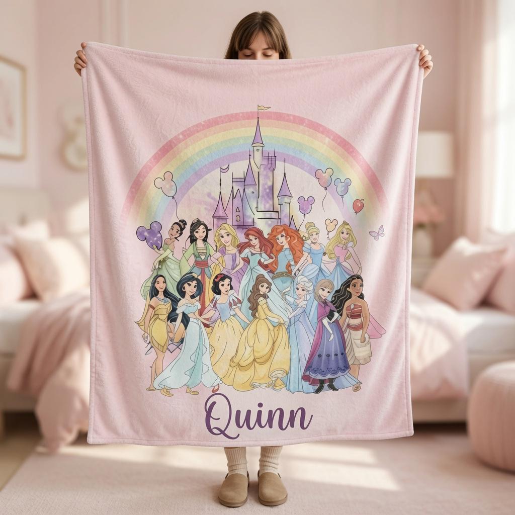 Personalized Disney Coquette Watercolor Blanket, Custom Name Disney Princess Blanket, Magic Kingdom Blanket, Disneyland Blanket