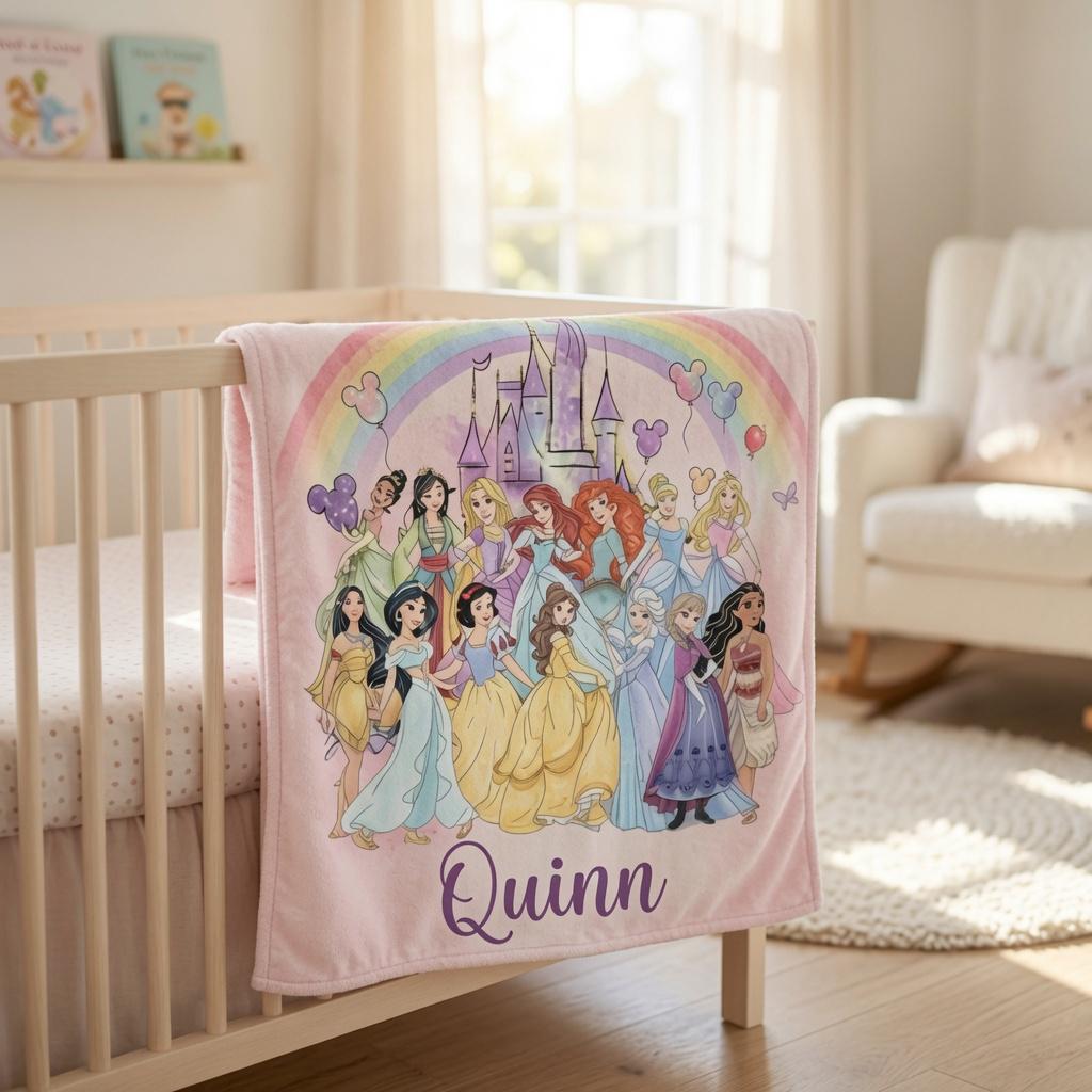 Personalized Disney Coquette Watercolor Blanket, Custom Name Disney Princess Blanket, Magic Kingdom Blanket, Disneyland Blanket