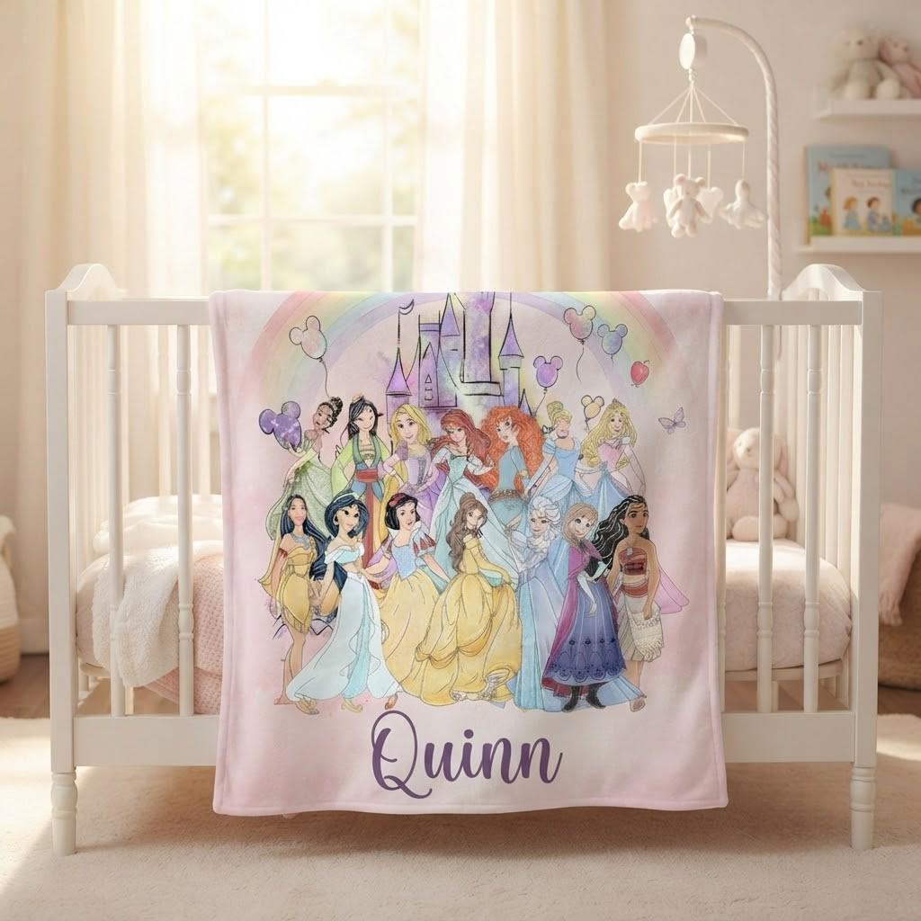 Personalized Disney Coquette Watercolor Blanket, Custom Name Disney Princess Blanket, Magic Kingdom Blanket, Disneyland Blanket
