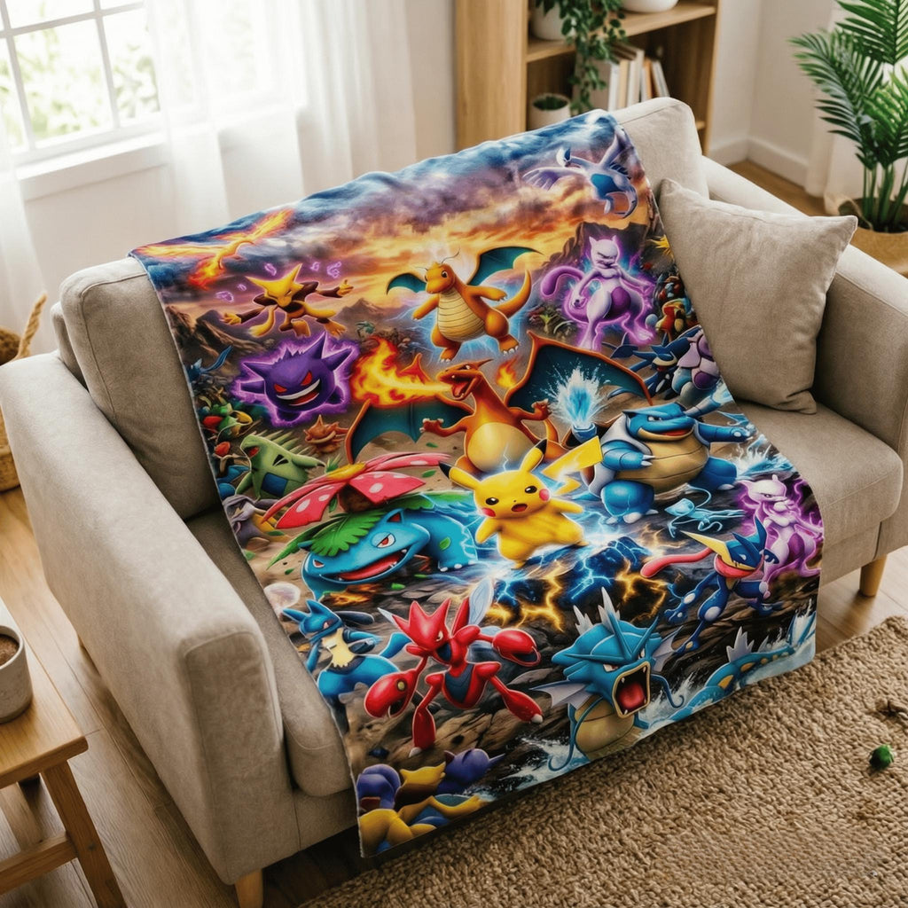 Pikachu Blanket, Flannel Throw, Retro Gaming Anime Decor, Monster Game Fans