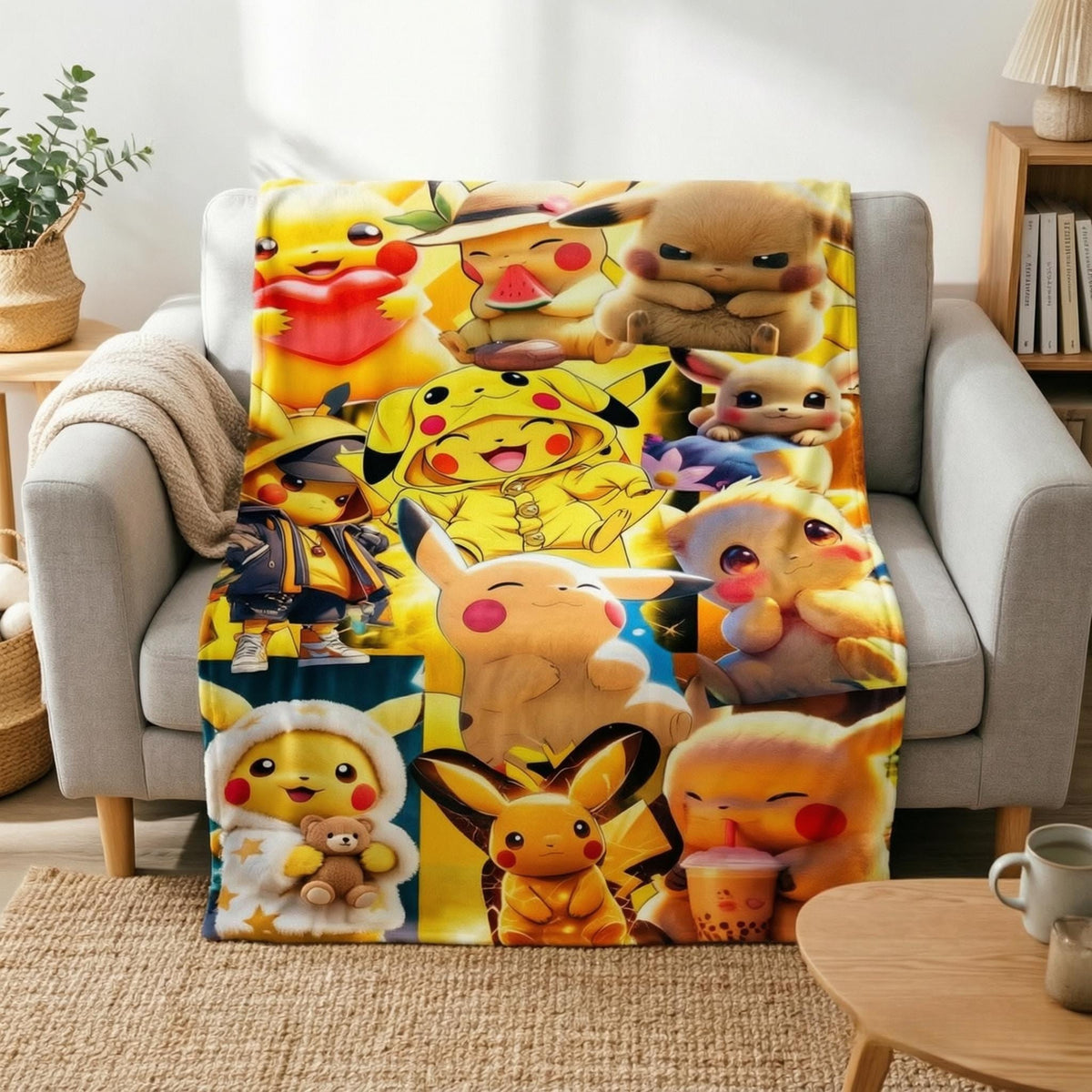 Pikachu Pokeball Flannel Throw Blanket, Retro Gaming Anime Decor