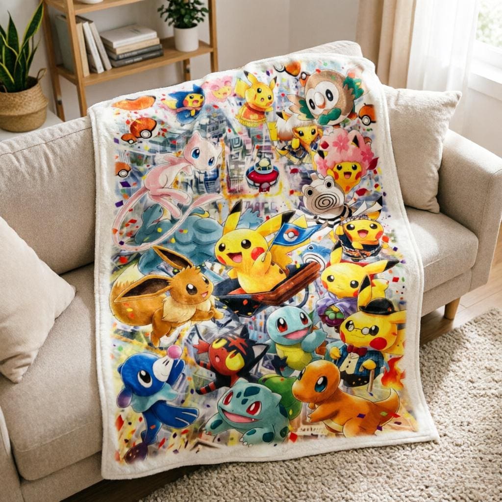 Vintage Pocket Monster Flannel Throw Blanket, Pikachu Anime Decor, Soft Plush Sofa Cover