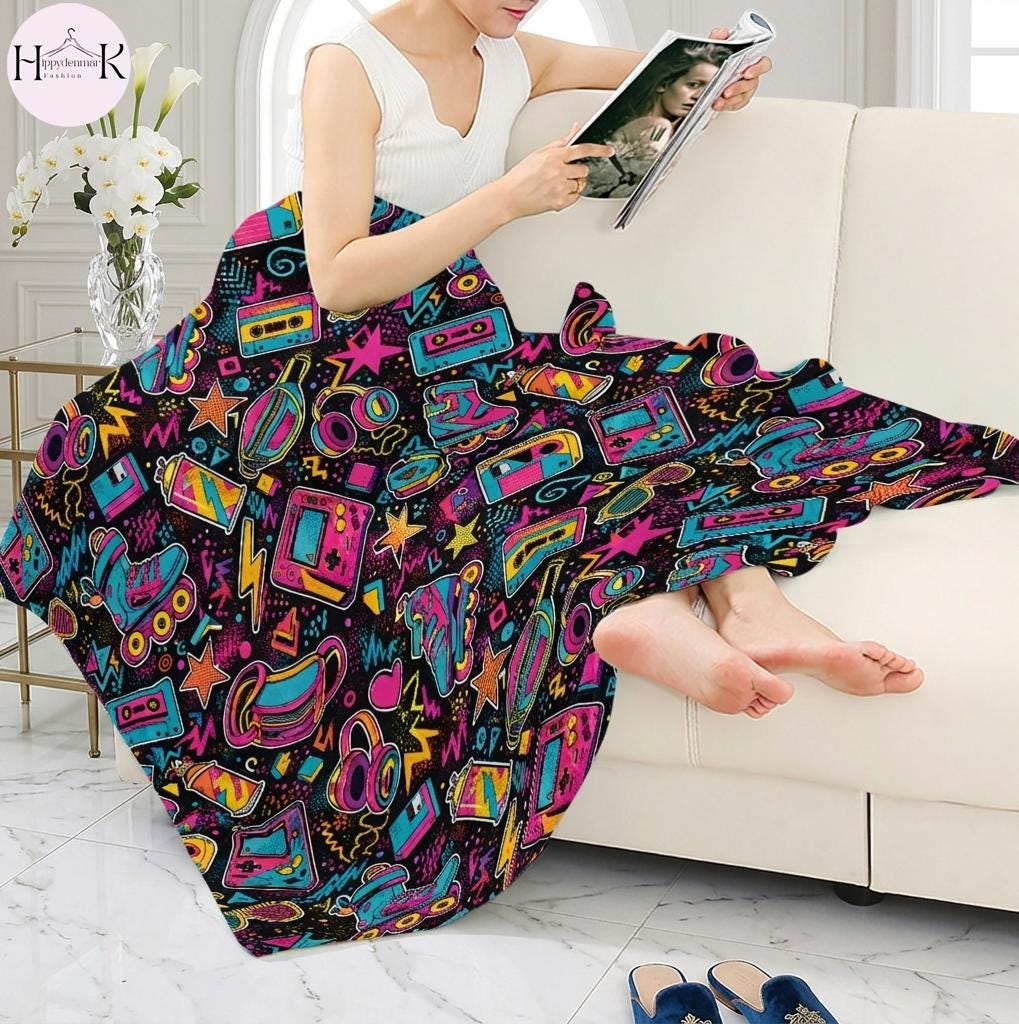 Retro 80s 90s Throw Blanket, Neon Roller Skate Blanket, Vaporwave Arcade Fleece, Retro Cassette Gamer Room Decor Gift