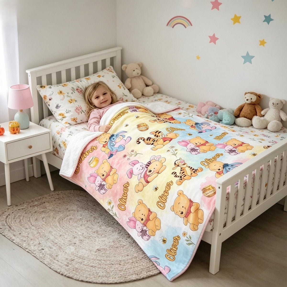 Personalized Winnie the Pooh Pastel Blanket, Custom Name Pooh Friends Throw, Cute Kids Nursery Blanket, Baby Birthday Gift