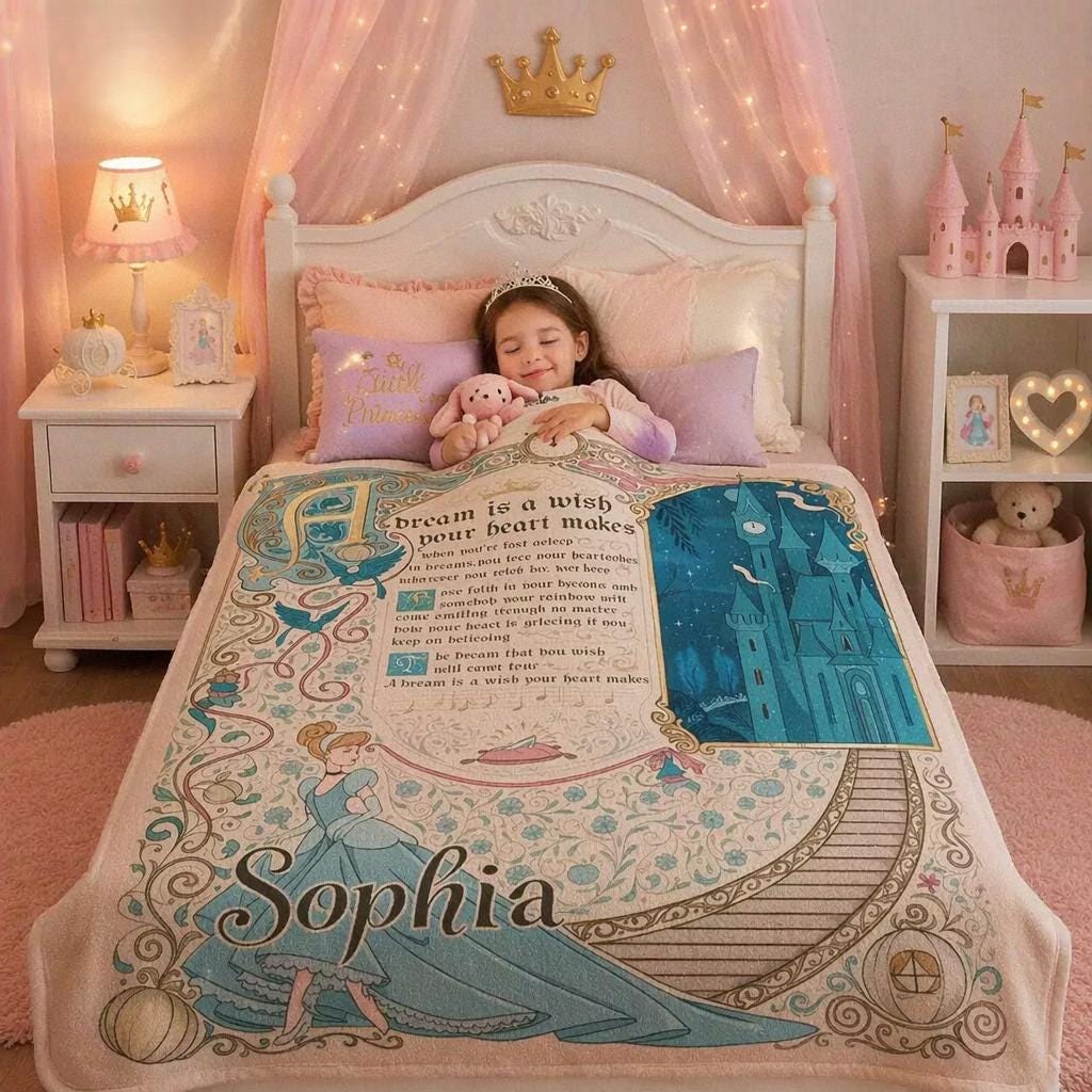 Retro Disney Cinderella Blanket, A Dream Is A Wish Your Heart Makes Blanket, Personalized Princess Throw, Custom Storybook Gift