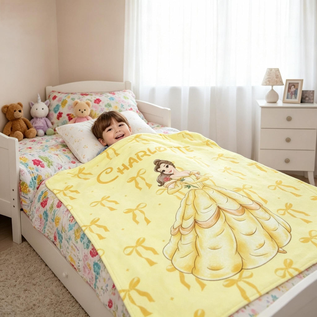 Disney Belle Princess Blanket, Custom Name Beauty and the Beast Throw, Coquette Bows Blanket, Princess Birthday Girl Gift