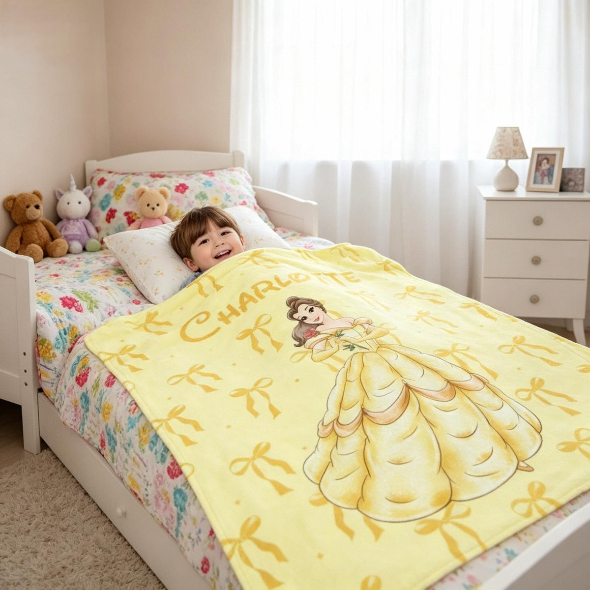 Disney Belle Princess Blanket, Custom Name Beauty and the Beast Throw, Coquette Bows Blanket, Princess Birthday Girl Gift