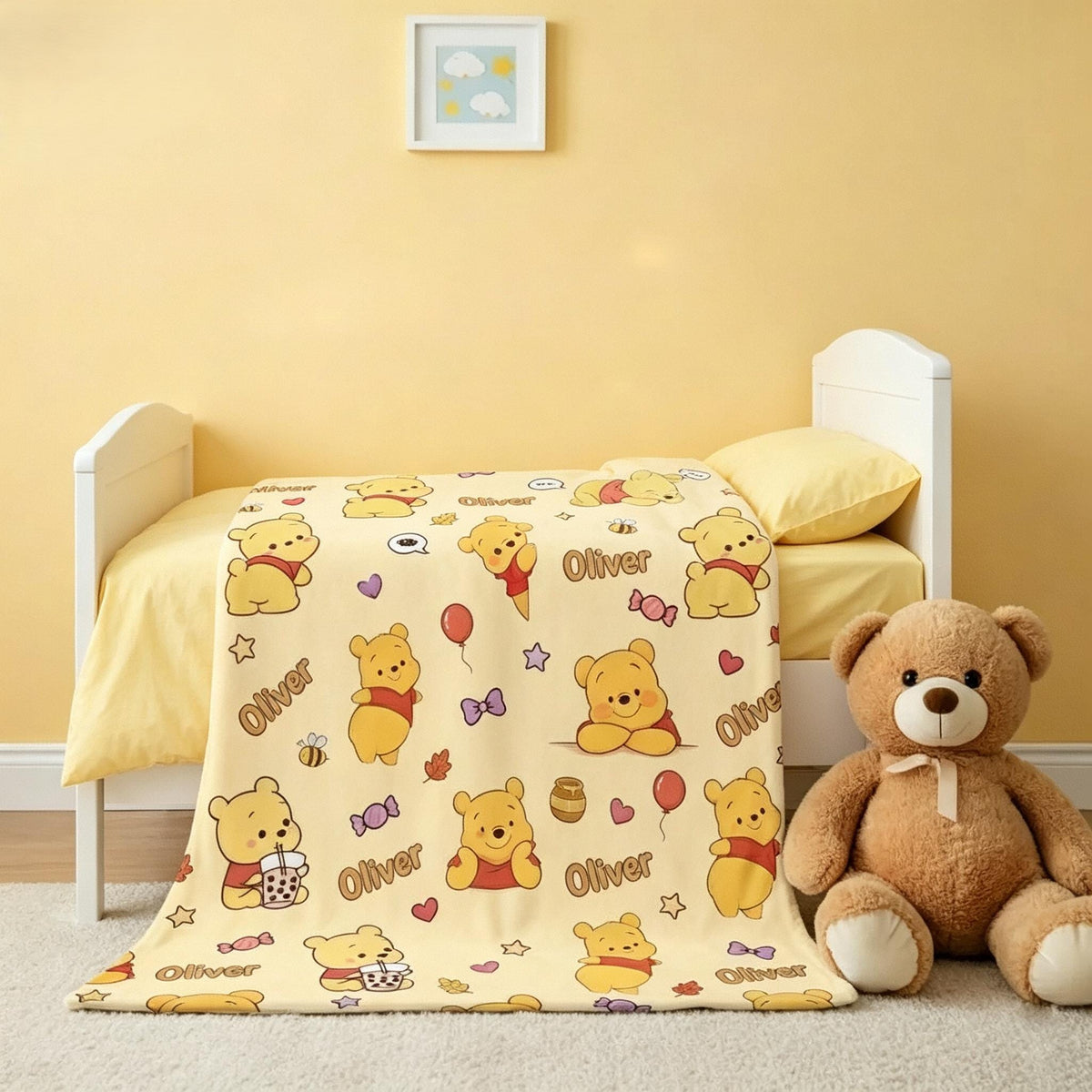 Personalized Winnie the Pooh Blanket, Custom Name Pooh Bear Throw, Cute Kids Cartoon Blanket, Baby Birthday Gift