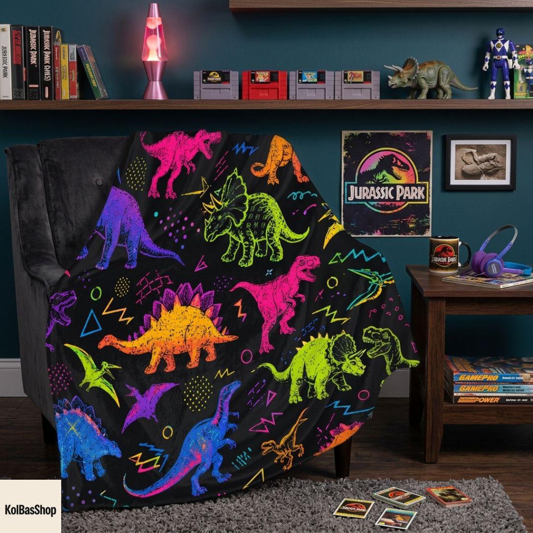 Colorful Dinosaur Blanket, Neon Jurassic Throw Blanket, Prehistoric Dino Pattern Blanket, Kids Bedroom Decor, Dinosaur Gift for Boys