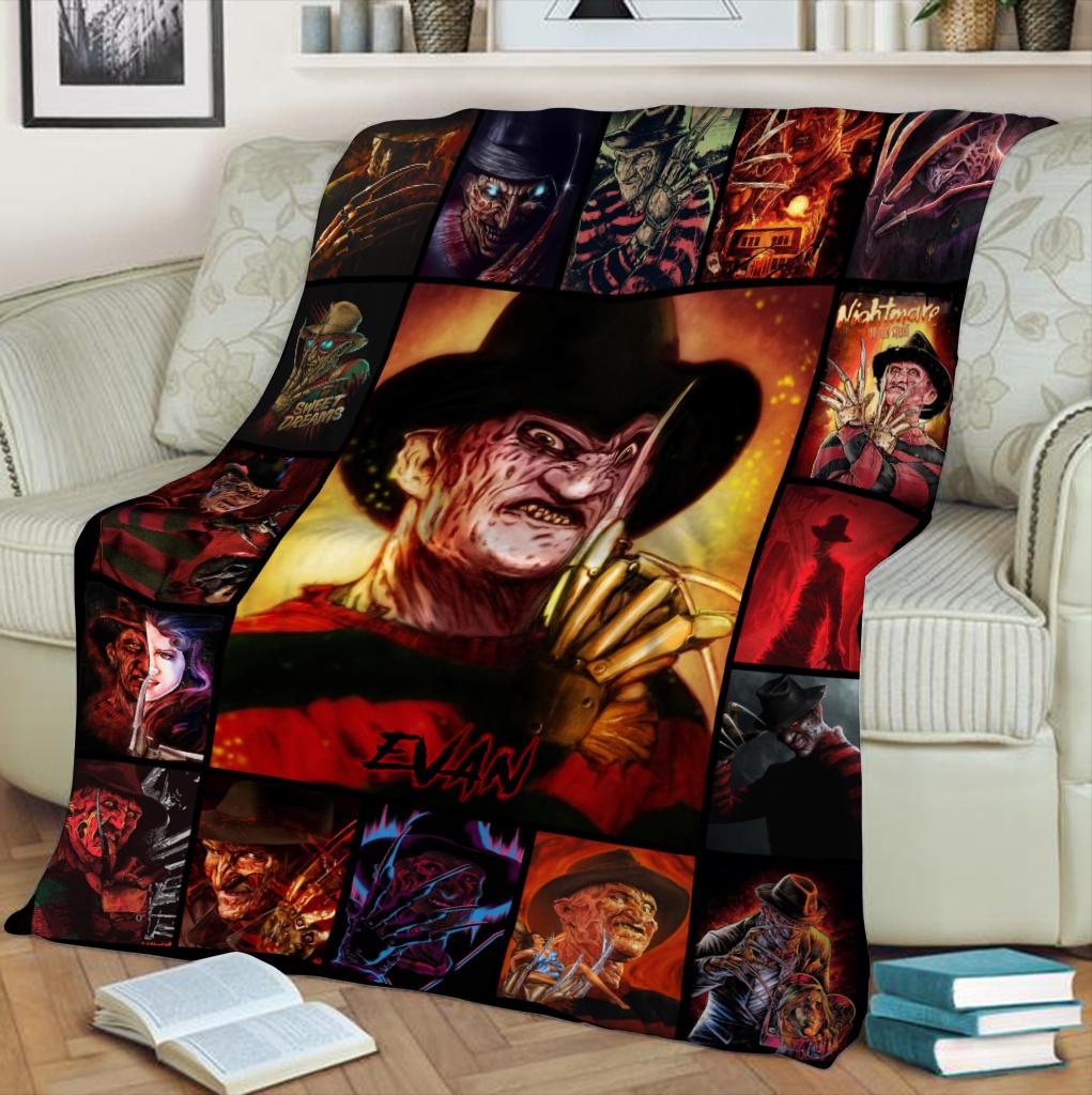 Personalized Halloween Horror Movie Fleece Blanket, Custom Freddy Krueger Blanket, Scary Movie Fleece , Spooky Birthday Present Cozy Blanket