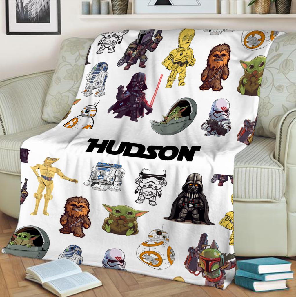 Personalized Star Wars Blanket, Custom Name Baby Yoda Fleece Blanket, Galaxy's Edge Blanket, Kids Boys Nursery Gift, Cute Chibi Character