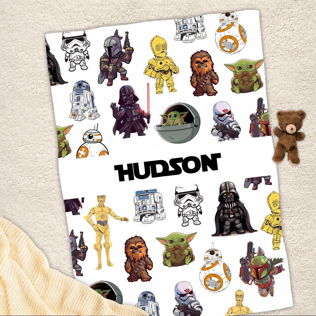 Personalized Star Wars Blanket, Custom Name Baby Yoda Fleece Blanket, Galaxy's Edge Blanket, Kids Boys Nursery Gift, Cute Chibi Character