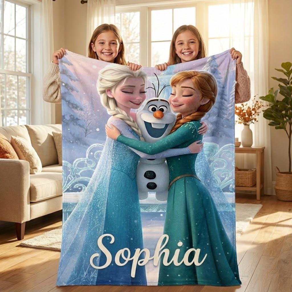 Frozen Sisters Elsa & Anna Blanket with Olaf, Snow Queen Throw, Winter Princess Gift, Christmas Birthday Kids Blanket