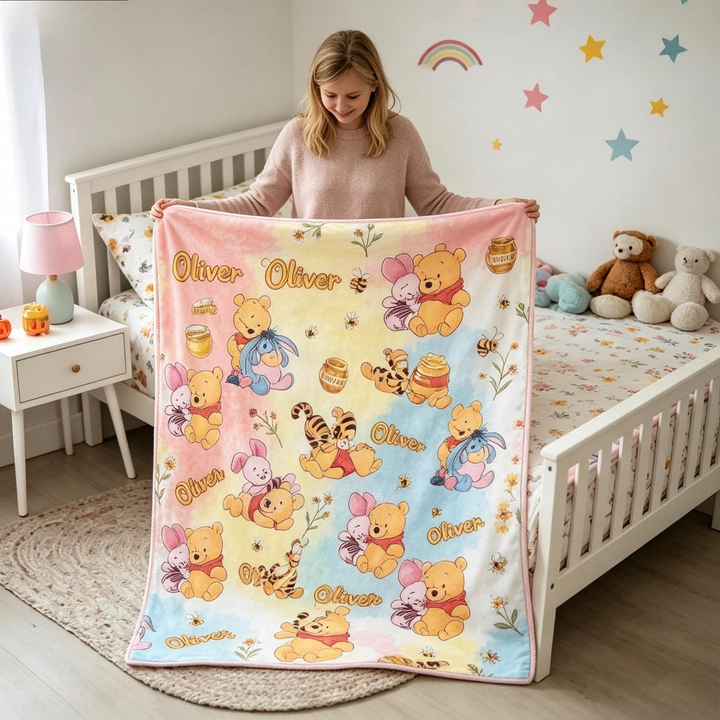 Personalized Winnie the Pooh Pastel Blanket, Custom Name Pooh Friends Throw, Cute Kids Nursery Blanket, Baby Birthday Gift