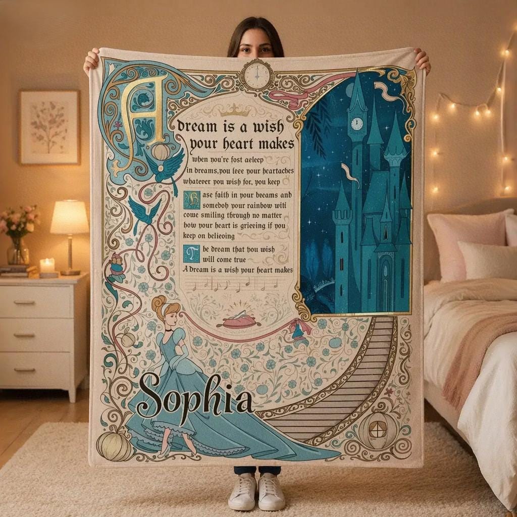 Retro Disney Cinderella Blanket, A Dream Is A Wish Your Heart Makes Blanket, Personalized Princess Throw, Custom Storybook Gift