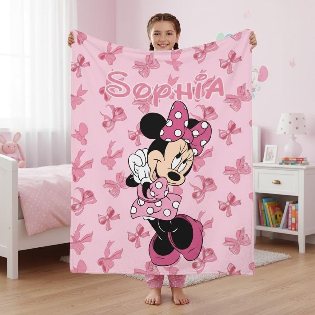 Coquette Bow Minnie Mouse Fleece Blanket, Cute Disney Blanket, Custom Name Minnie Mouse Blanket, Christmas Gifts