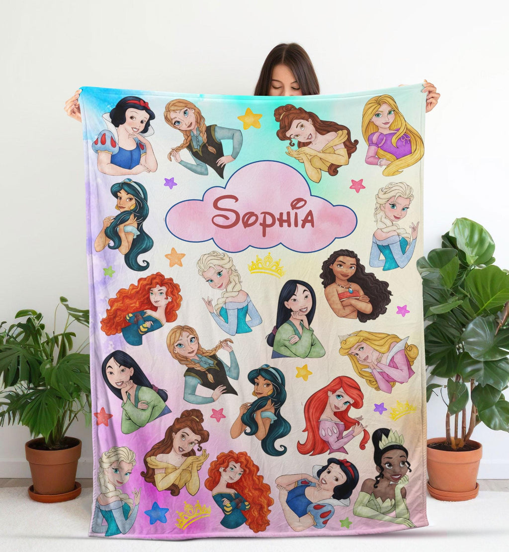 Custom Name Disney Princess Blanket, Personalized Princess Character Blanket, Disneyland Baby Girl Trip, Snow White Elsa Aurora Blanket Gift