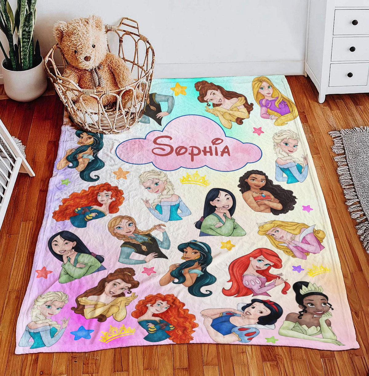 Custom Name Disney Princess Blanket, Personalized Princess Character Blanket, Disneyland Baby Girl Trip, Snow White Elsa Aurora Blanket Gift