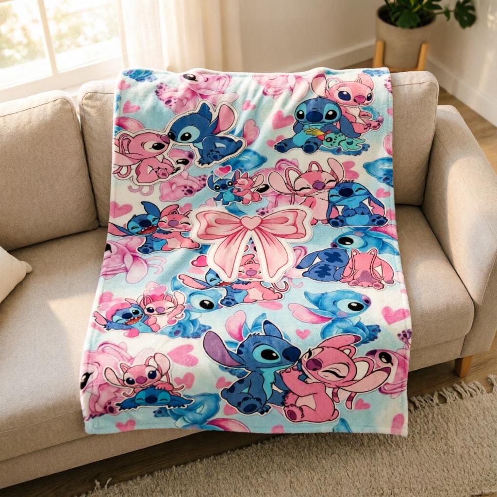 Stitch Angel Flannel Blanket, Cartoon Character Throw, Soft Cozy Bedding Keepsake