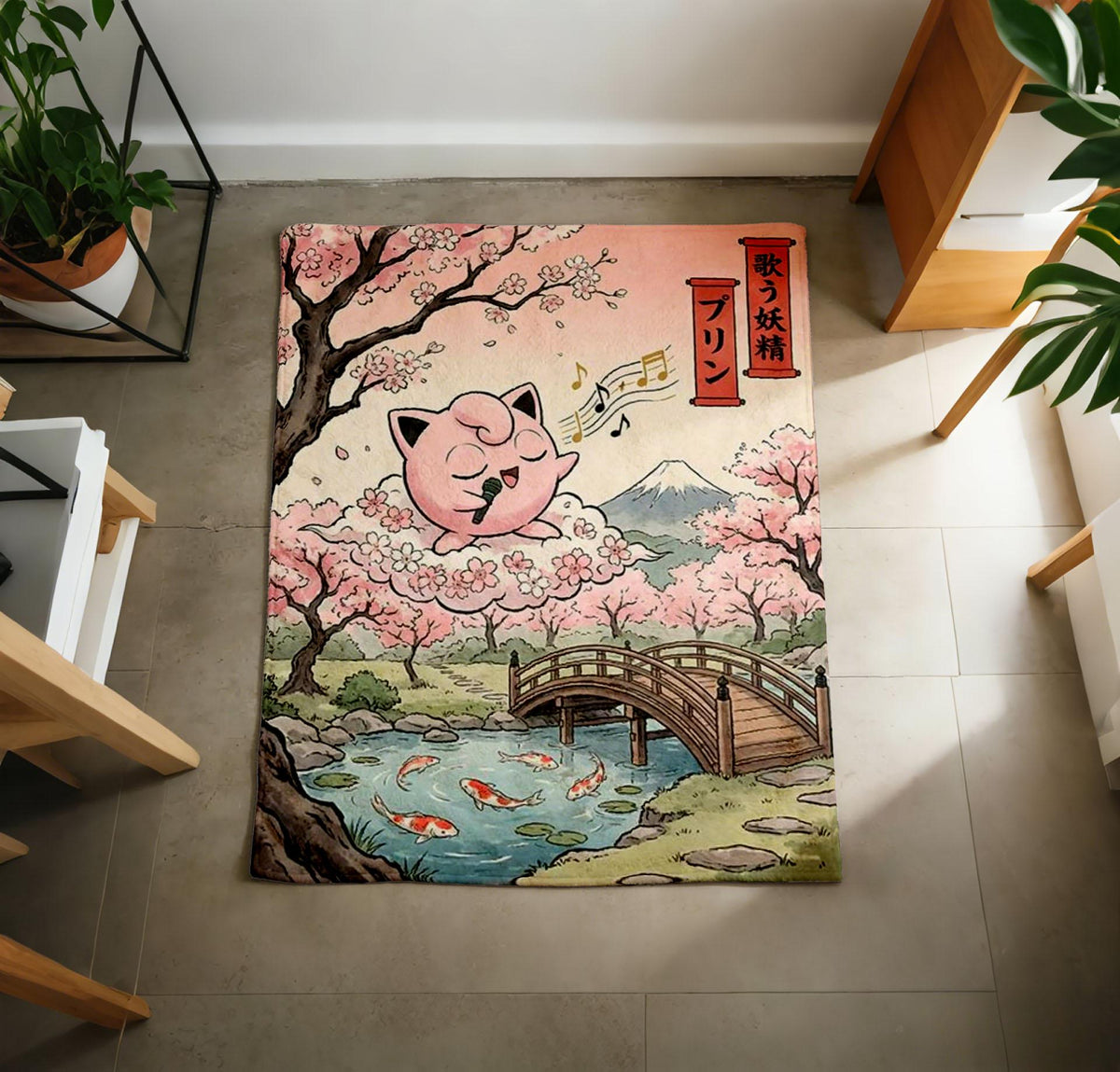 Ukiyo-e Cherry Blossom Jigglypuff Blanket Soft Throw, Mount Fuji Japanese Art Pokemon Fleece Throw, Teen Gamer Birthday Gift