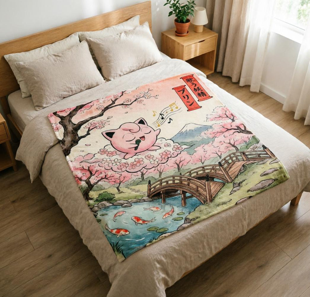 Ukiyo-e Cherry Blossom Jigglypuff Blanket Soft Throw, Mount Fuji Japanese Art Pokemon Fleece Throw, Teen Gamer Birthday Gift