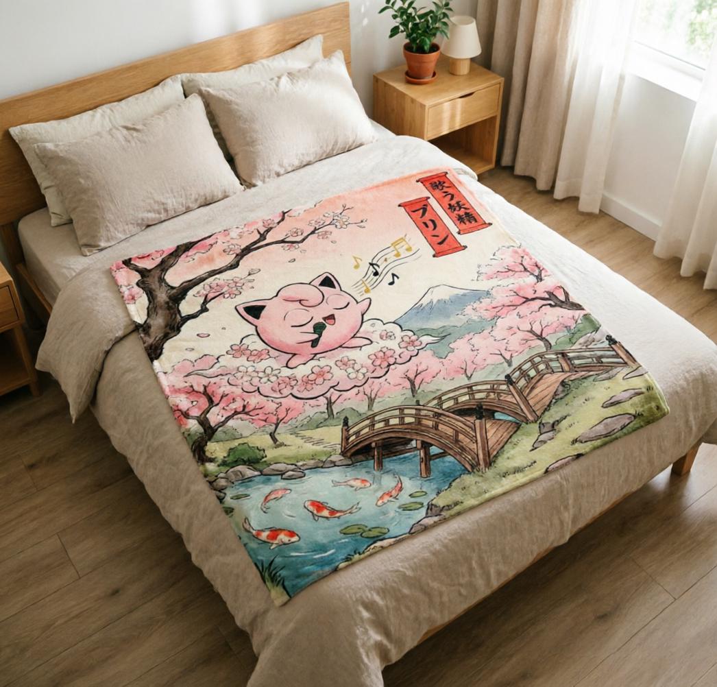 Ukiyo-e Cherry Blossom Jigglypuff Blanket Soft Throw, Mount Fuji Japanese Art Pokemon Fleece Throw, Teen Gamer Birthday Gift