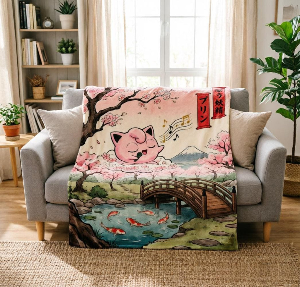 Ukiyo-e Cherry Blossom Jigglypuff Blanket Soft Throw, Mount Fuji Japanese Art Pokemon Fleece Throw, Teen Gamer Birthday Gift