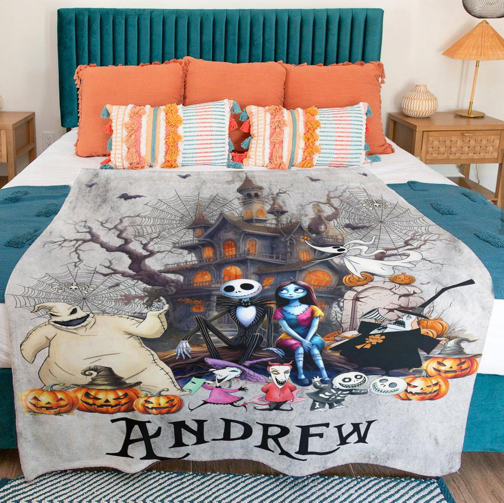 Custom Nightmare Before Christmas Blanket, Personalized Jack and Sally Throw Blanket, Halloween Decor, Cozy Pumpkin Ghoul Gift for Him Her