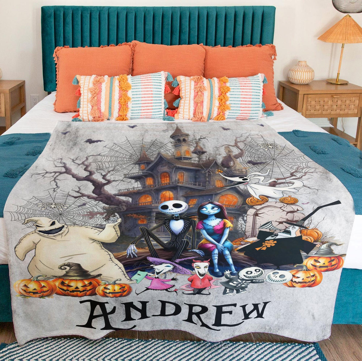 Custom Nightmare Before Christmas Blanket, Personalized Jack and Sally Throw Blanket, Halloween Decor, Cozy Pumpkin Ghoul Gift for Him Her