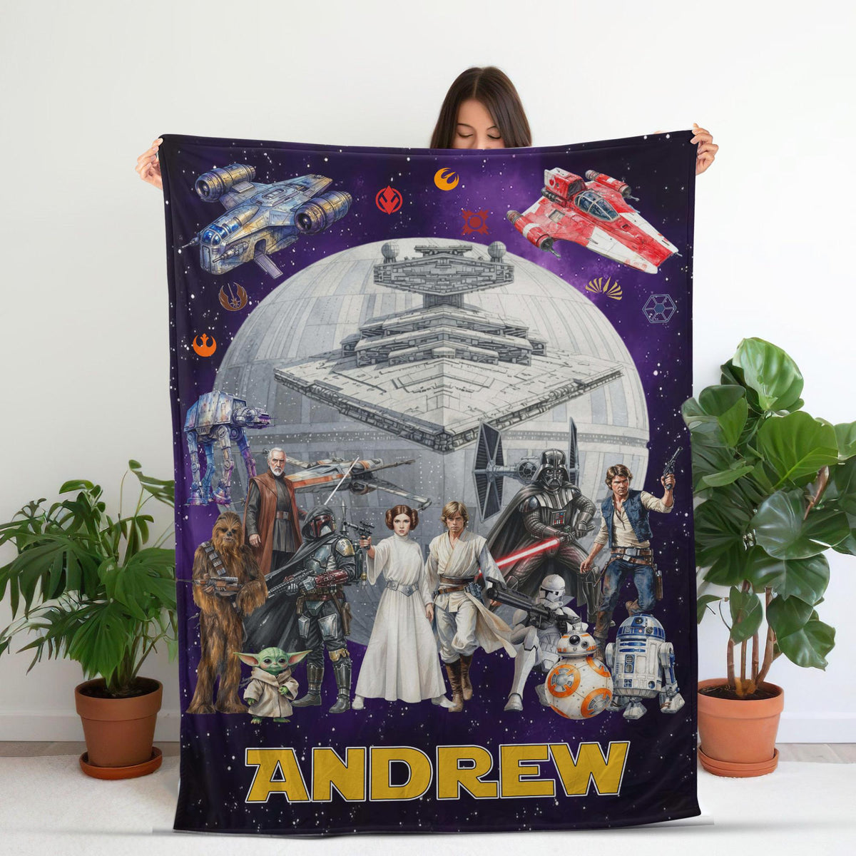 Personalized Star Wars Blanket, Custom Name Darth Vader Baby Yoda Fleece Throw, Galaxy Space Birthday Boy Gift, Kids Room Decor Cozy Blanket