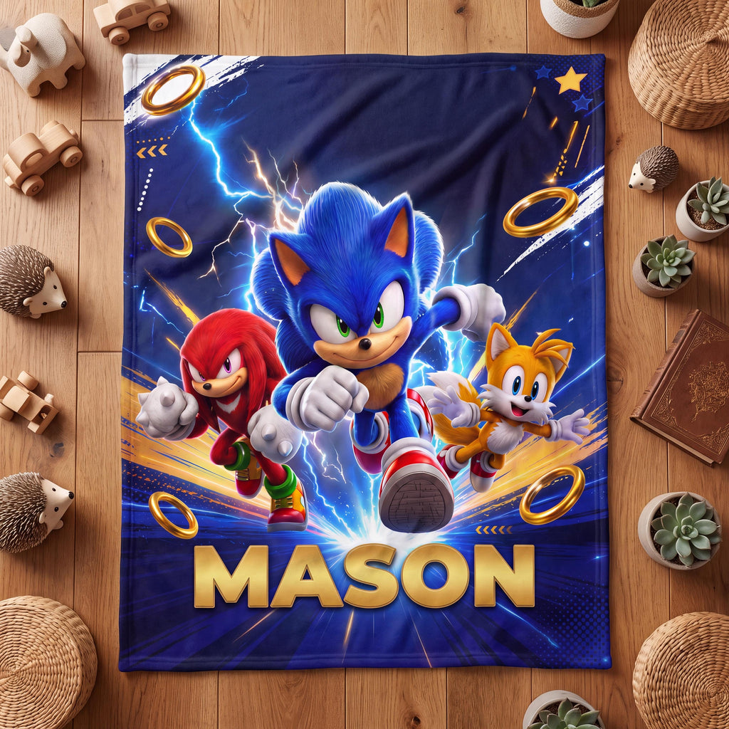 Personalized Fast Blue Hedgehog Flannel Blanket, Custom Name Retro Gamer Throw, Kids Video Game Bedding