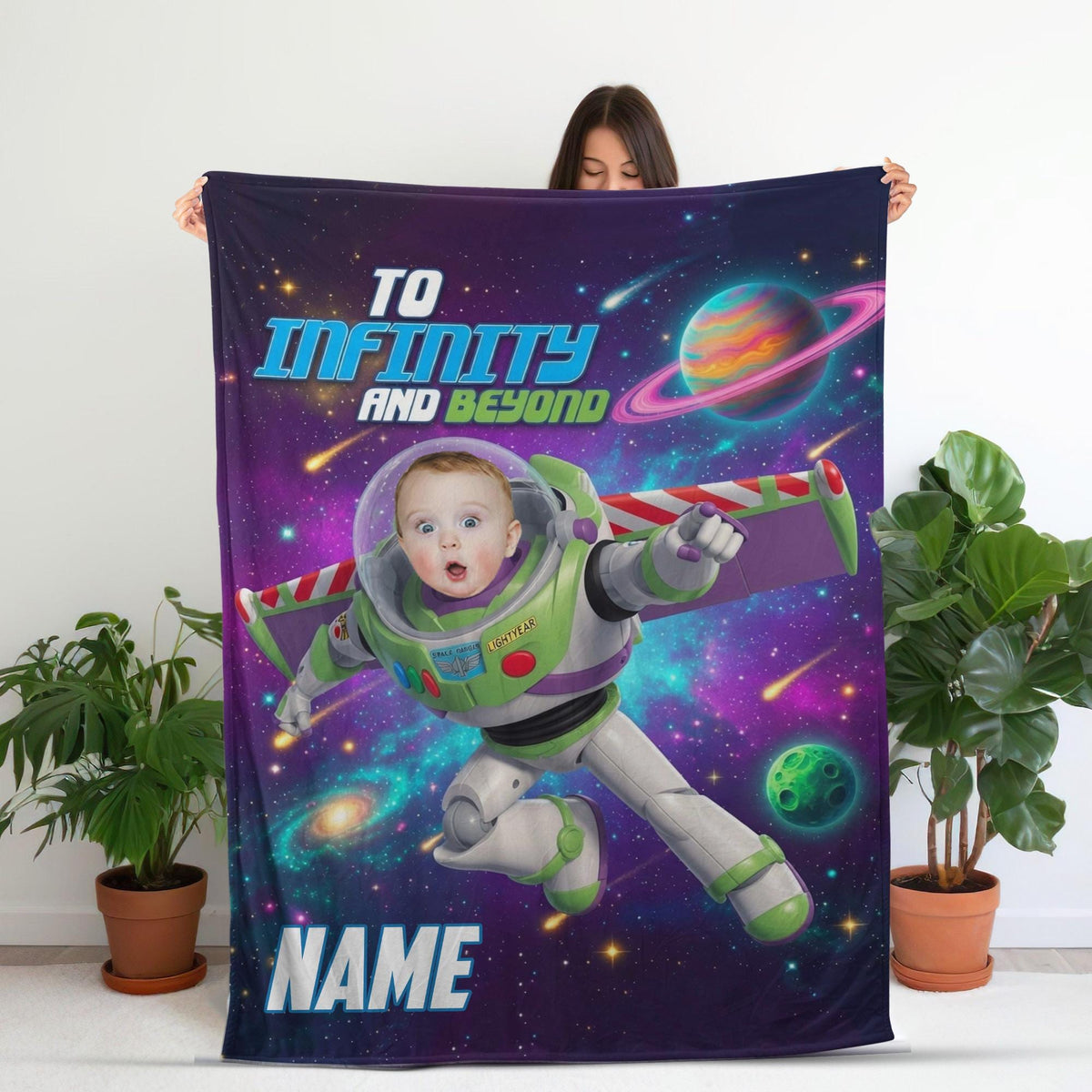 Personalized Buzz Lightyear Blanket for Kids, Custom Toddler Blanket, Cute Space Galaxy Baby Blanket, Boy Birthday Gift, Custom Face Blanket