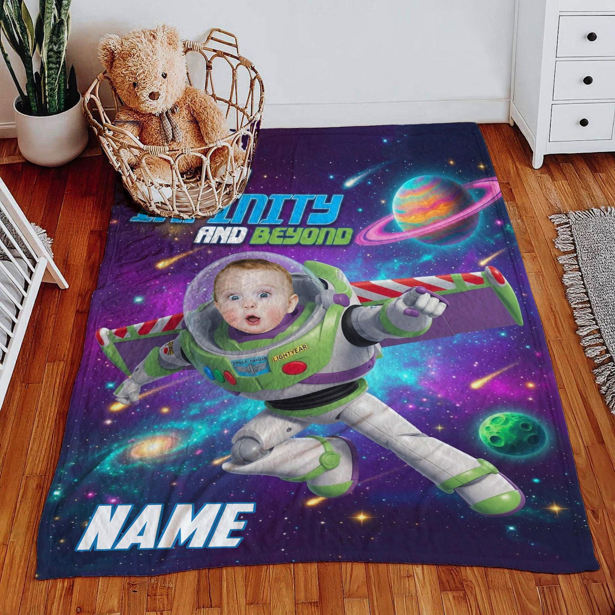 Personalized Buzz Lightyear Blanket for Kids, Custom Toddler Blanket, Cute Space Galaxy Baby Blanket, Boy Birthday Gift, Custom Face Blanket