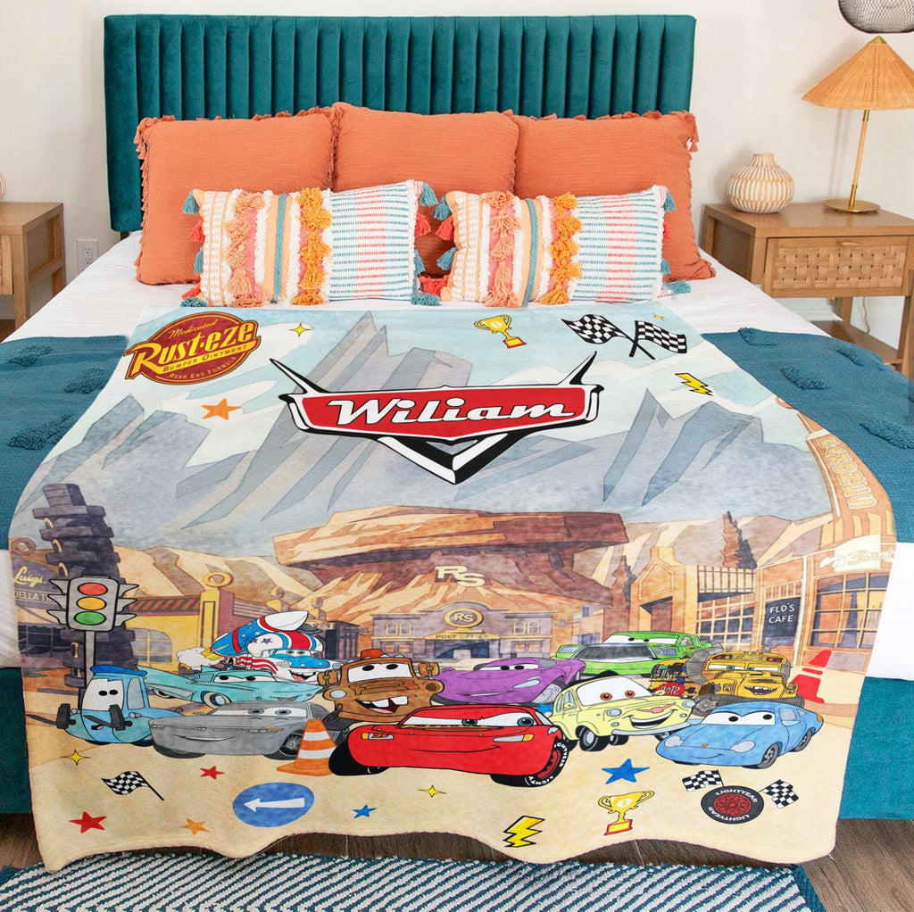 Personalized Disney Cars Blanket, Custom Name Lightning McQueen Throw, Pixar Cars Birthday Gift for Kids, Radiator Springs Toddler Bedding