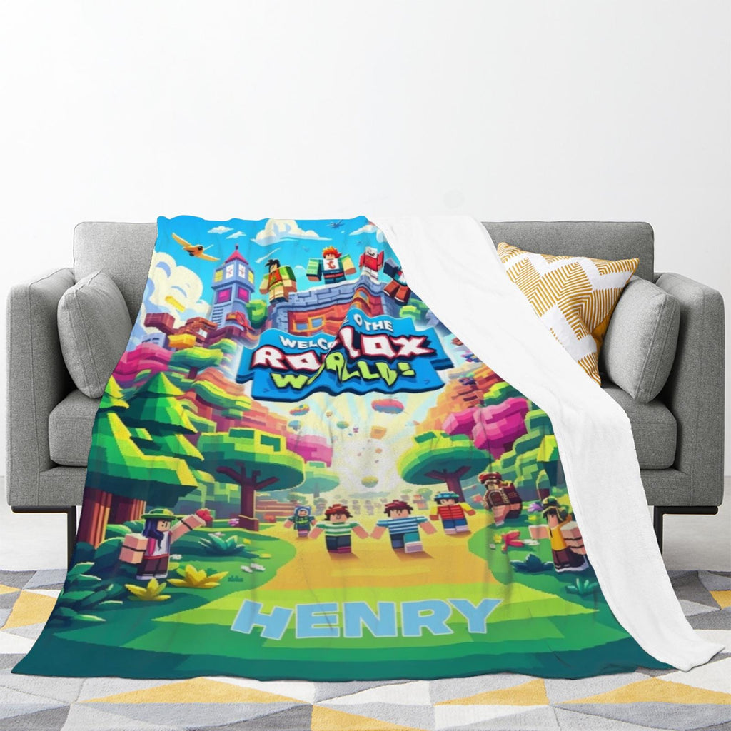 Personalized Blanket, Custom Name Gamer Flannel Throw, Cute Pixel Block World Kids Bedding, Birthday Gift for Gamer Toddler Teen