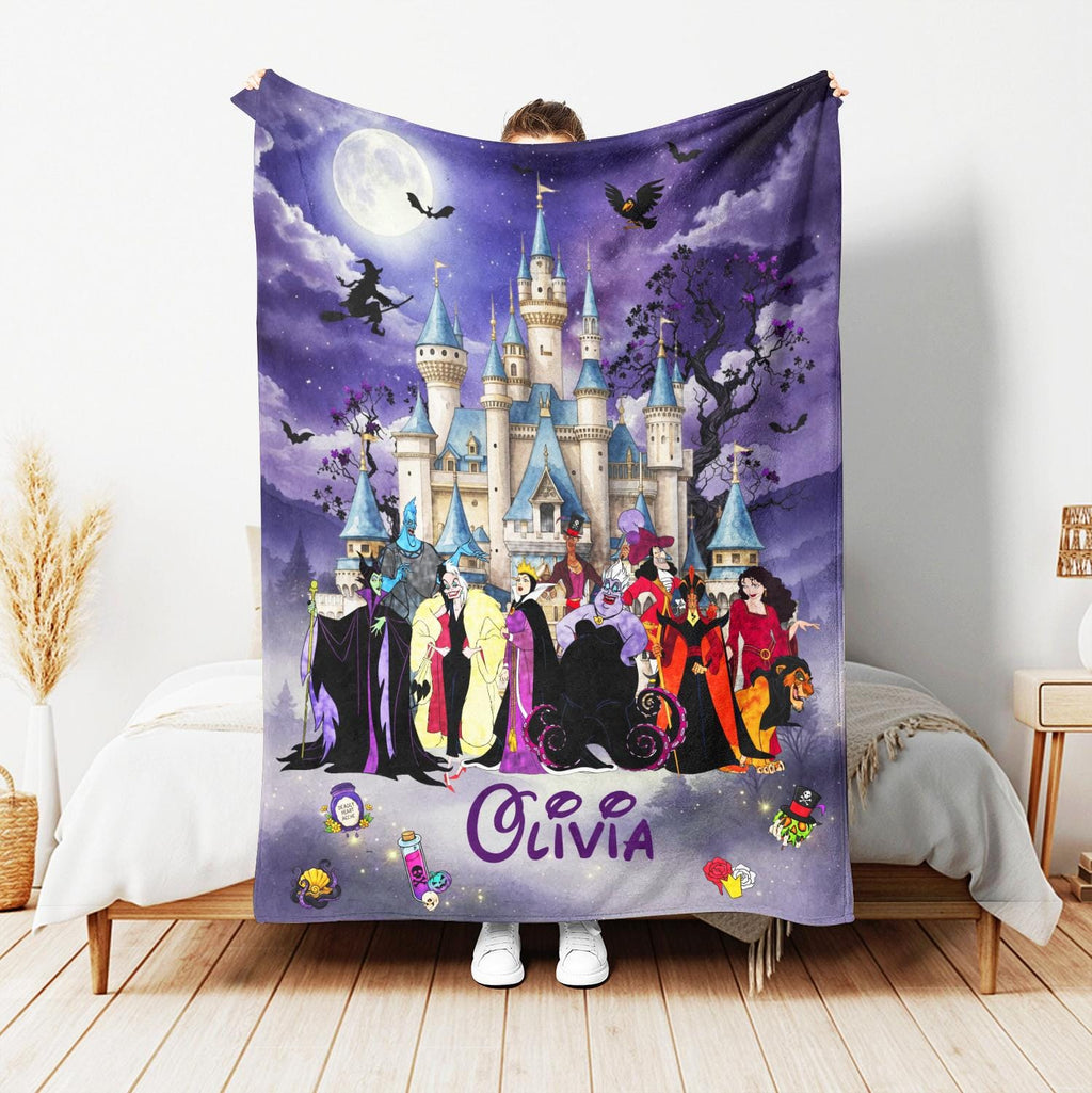 Personalized Disney Villains Blanket, Custom Name Halloween Blanket Cozy Fleece Throw Maleficent Ursula Cruella Evil Queen Gift Kids Adult