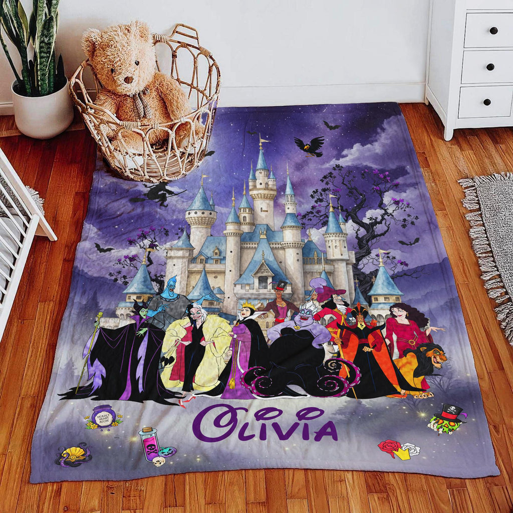 Personalized Disney Villains Blanket, Custom Name Halloween Blanket Cozy Fleece Throw Maleficent Ursula Cruella Evil Queen Gift Kids Adult