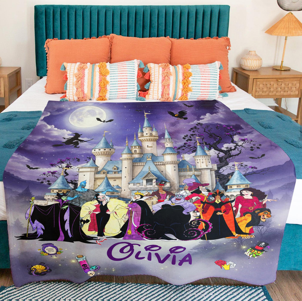 Personalized Disney Villains Blanket, Custom Name Halloween Blanket Cozy Fleece Throw Maleficent Ursula Cruella Evil Queen Gift Kids Adult