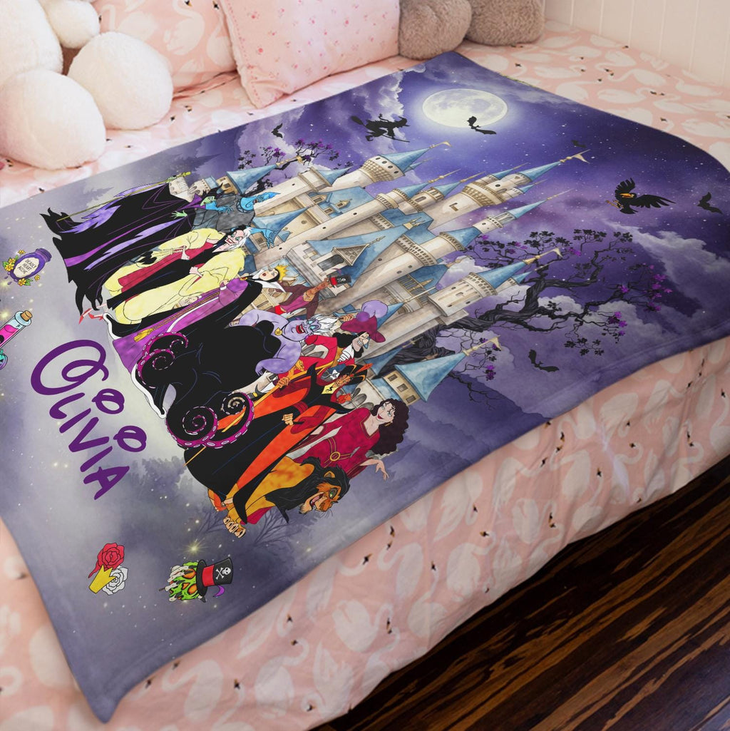 Personalized Disney Villains Blanket, Custom Name Halloween Blanket Cozy Fleece Throw Maleficent Ursula Cruella Evil Queen Gift Kids Adult