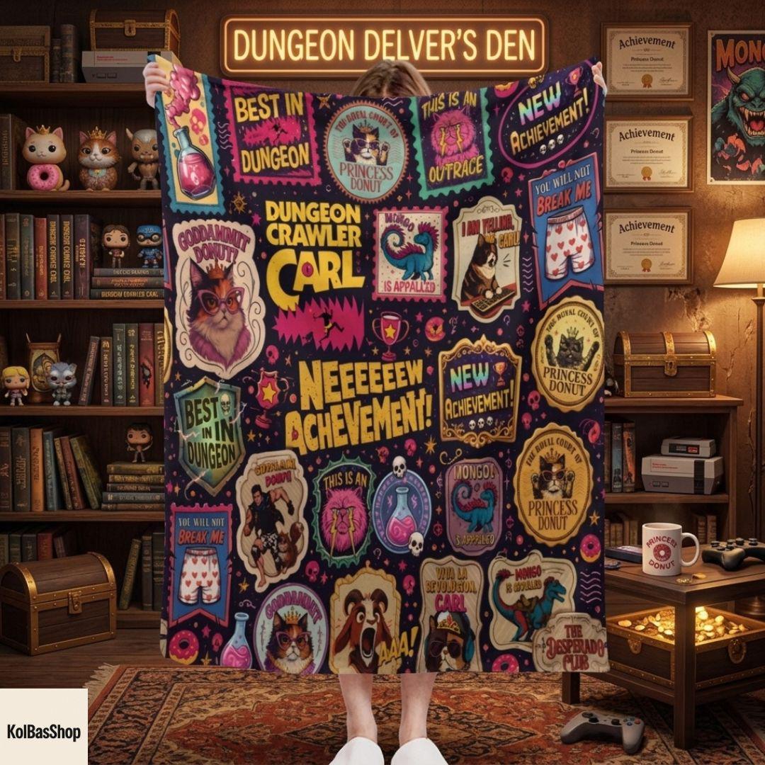 Funny Dungeon Crawler Carl Blanket, Princess Donut Mongo Throw Blanket, Fantasy Book Lover Gift, Cozy Gamer Fleece Blanket, Nerd Room Decor