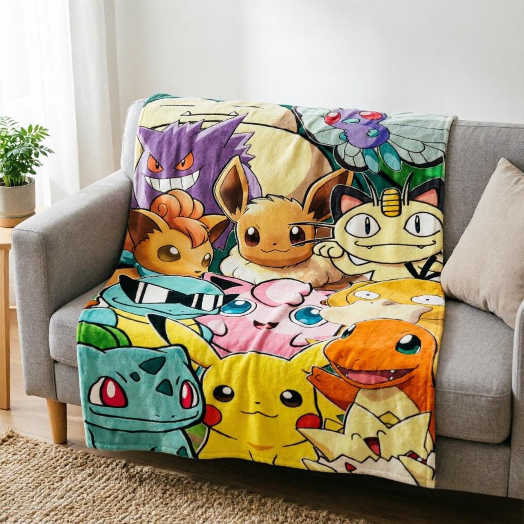 Classic Pikachu Flannel Throw Blanket, Retro Gaming Anime Decor, Cozy Soft Warm