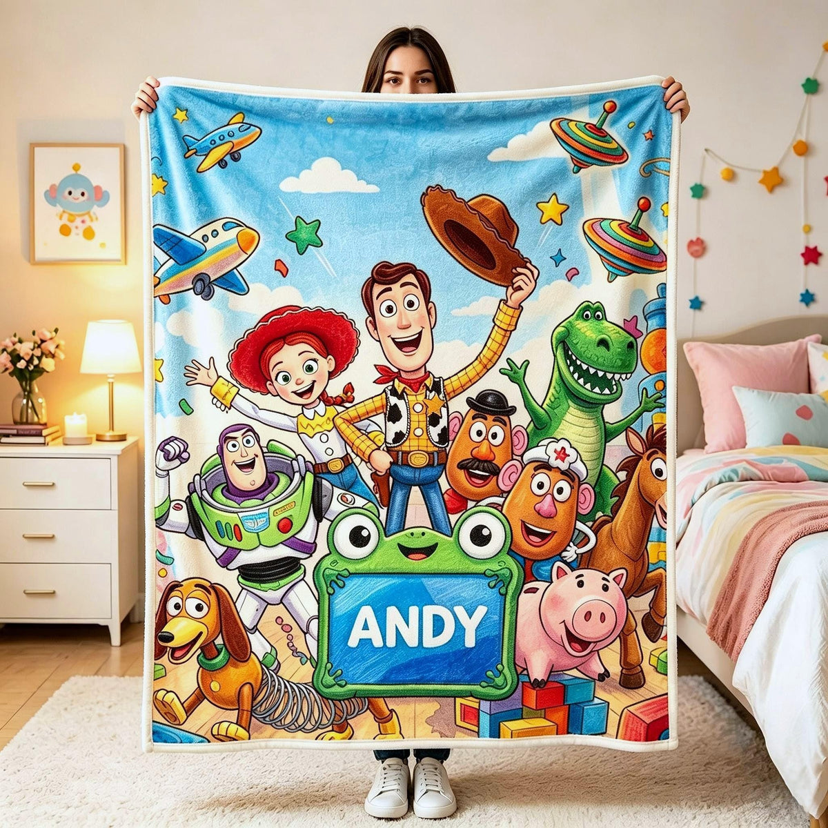 Toy Story 5 Blanket, Disney Blanket, Custom Andy Blanket, Woody Buzz Lightyear Jessie Rex, Personalized Cute Kids Birthday Gift