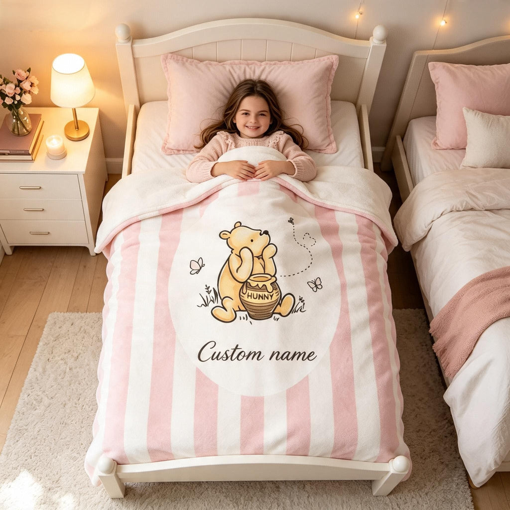 Pink Pooh Bear Blanket, Disney Blanket, Custom Name Blanket, Cute Winnie The Pooh, Hunny Pot, Personalized Baby Girl Gift