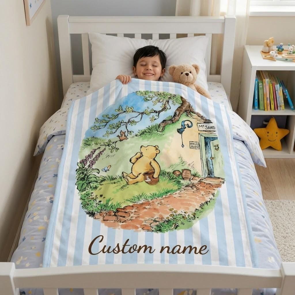 Blue Pooh Bear Blanket, Disney Blanket, Custom Name Blanket, Vintage Winnie The Pooh, Sanders House, Personalized Baby Boy Gift