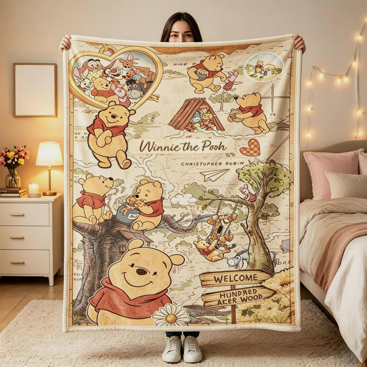 Pooh Map Blanket, Disney Blanket, Hundred Aker Wood, Vintage Pooh Bear, Christopher Robin Tigger, Cute Baby Shower Gift