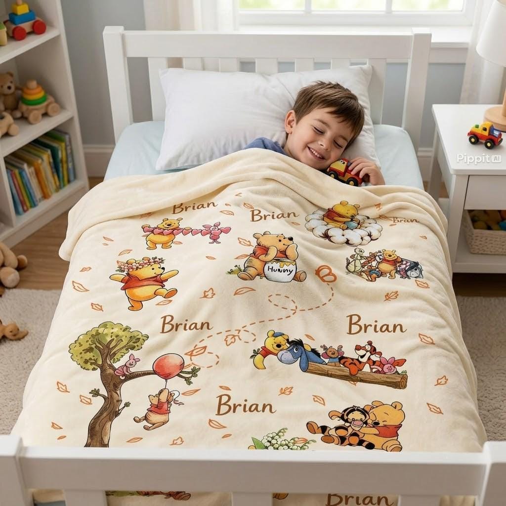 Custom Name Blanket, Disney Blanket, Winnie The Pooh Bear, Vintage Tigger Eeyore, Personalized Cute Baby Boy Birthday Gift