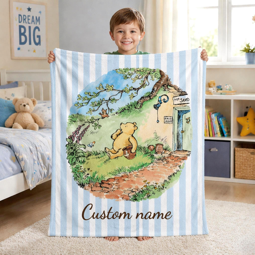 Blue Pooh Bear Blanket, Disney Blanket, Custom Name Blanket, Vintage Winnie The Pooh, Sanders House, Personalized Baby Boy Gift