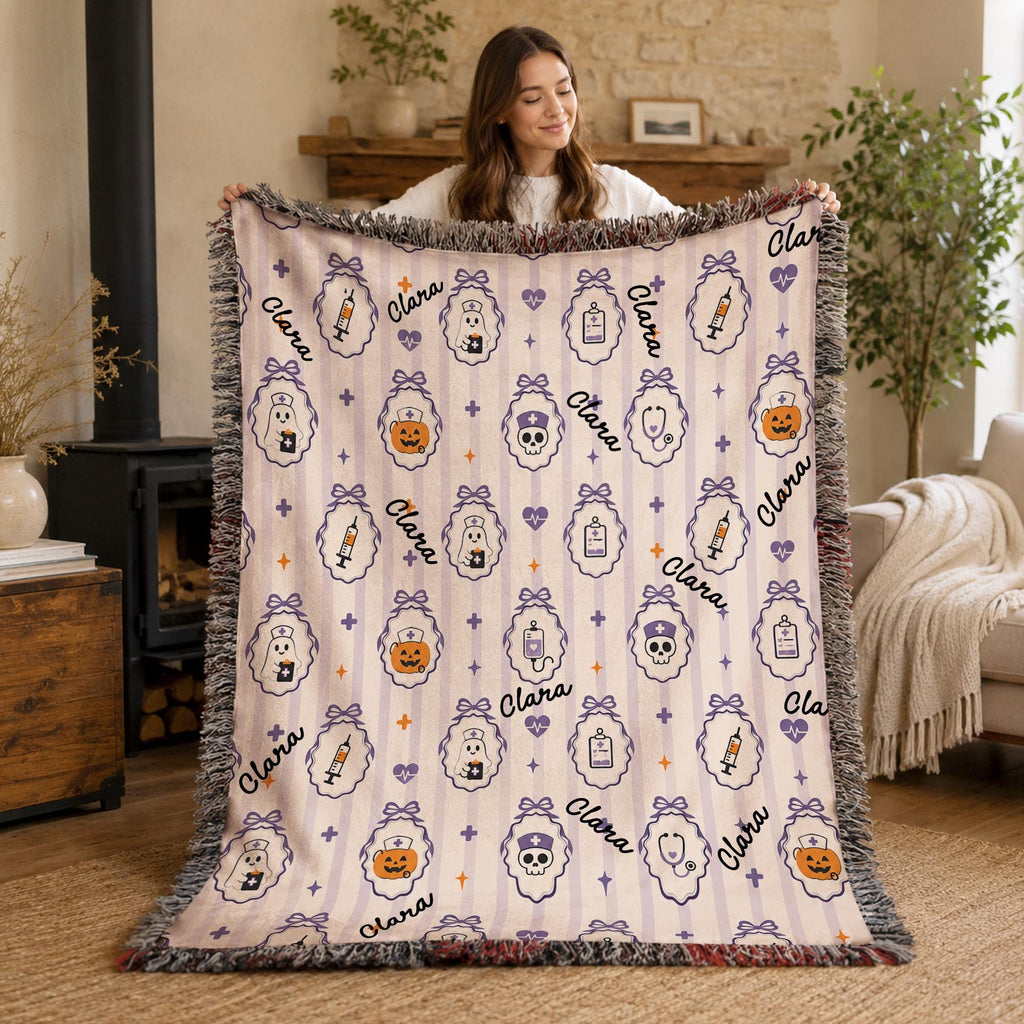 Nurse Halloween Blanket, Spooky Blanket, RN Gift, Cozy Throw, Nurse Woven, Retirement Blanket, Cute Ghost Nurse Woven