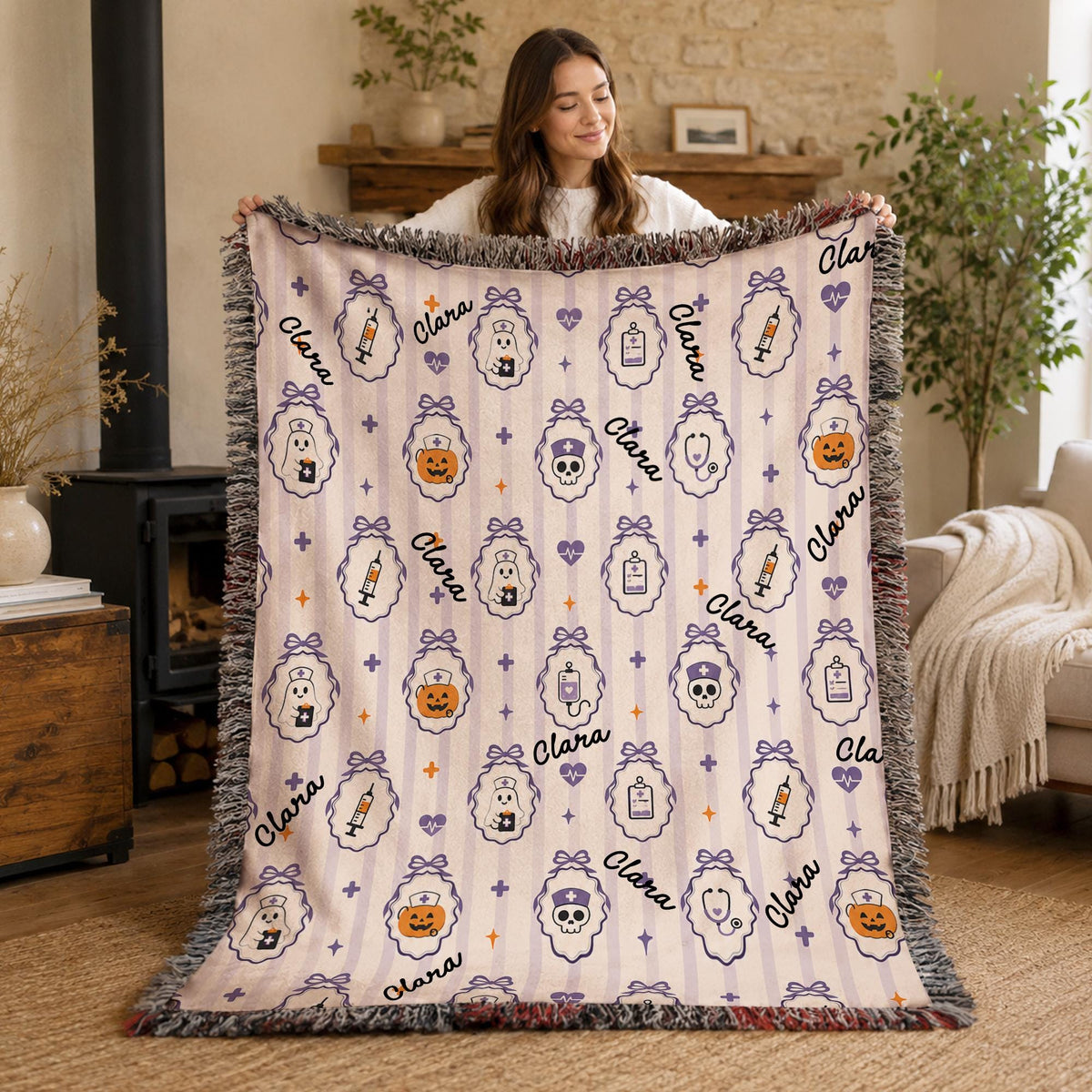 Nurse Halloween Blanket, Spooky Blanket, RN Gift, Cozy Throw, Nurse Woven, Retirement Blanket, Cute Ghost Nurse Woven