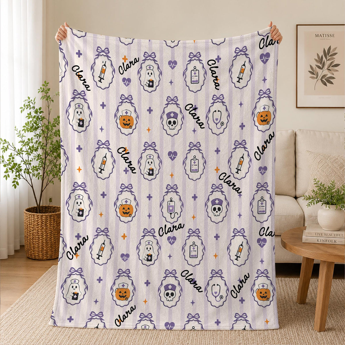 Nurse Halloween Blanket, Spooky Blanket, RN Gift, Cozy Throw, Nurse Woven, Retirement Blanket, Cute Ghost Nurse Woven